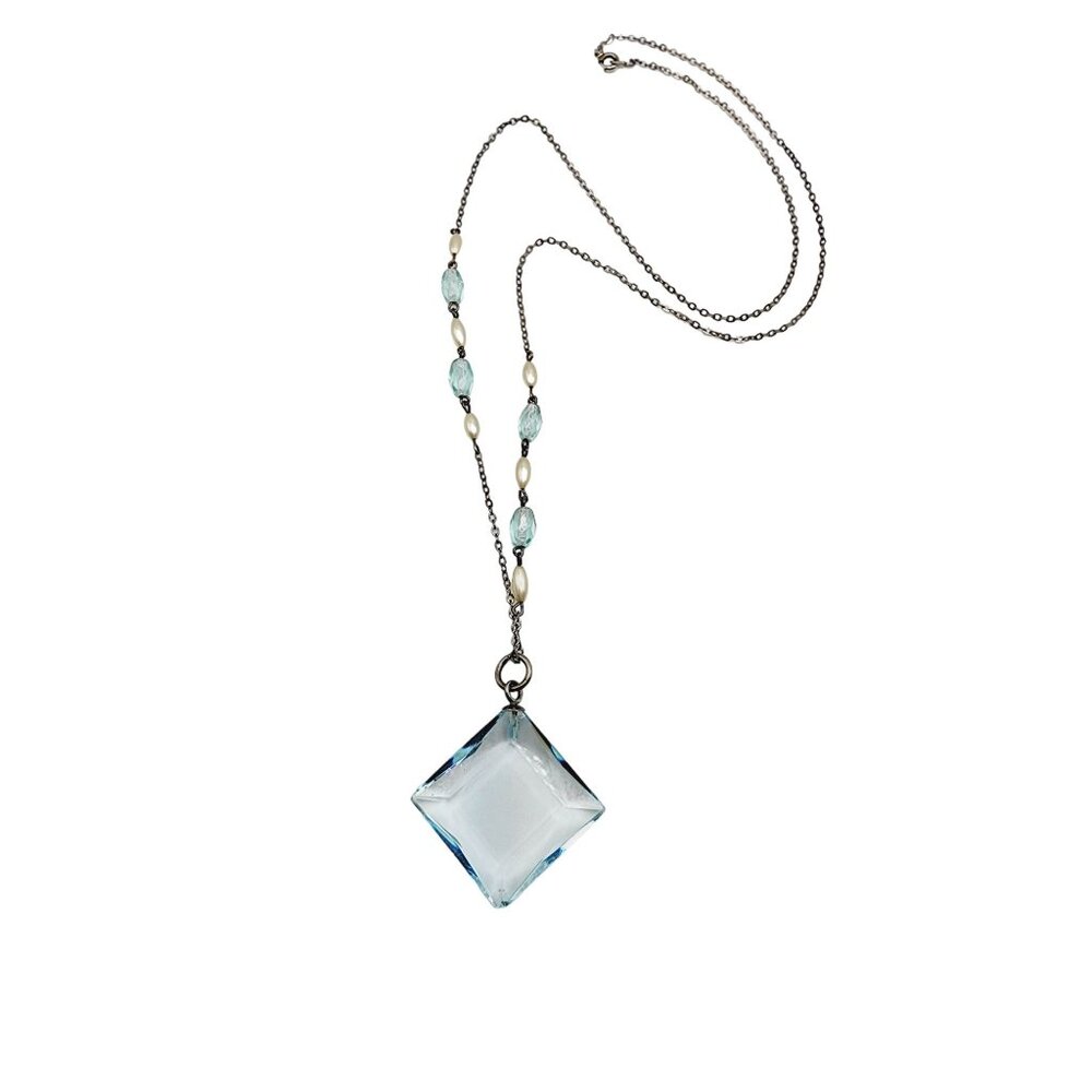 Antique Art Deco Sterling Glass Pendant Necklace (A2573)